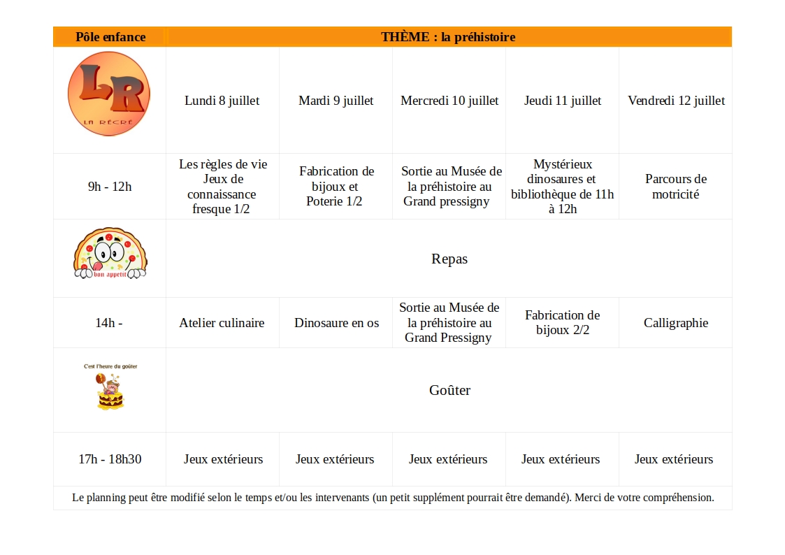 Planning de l'été 2019